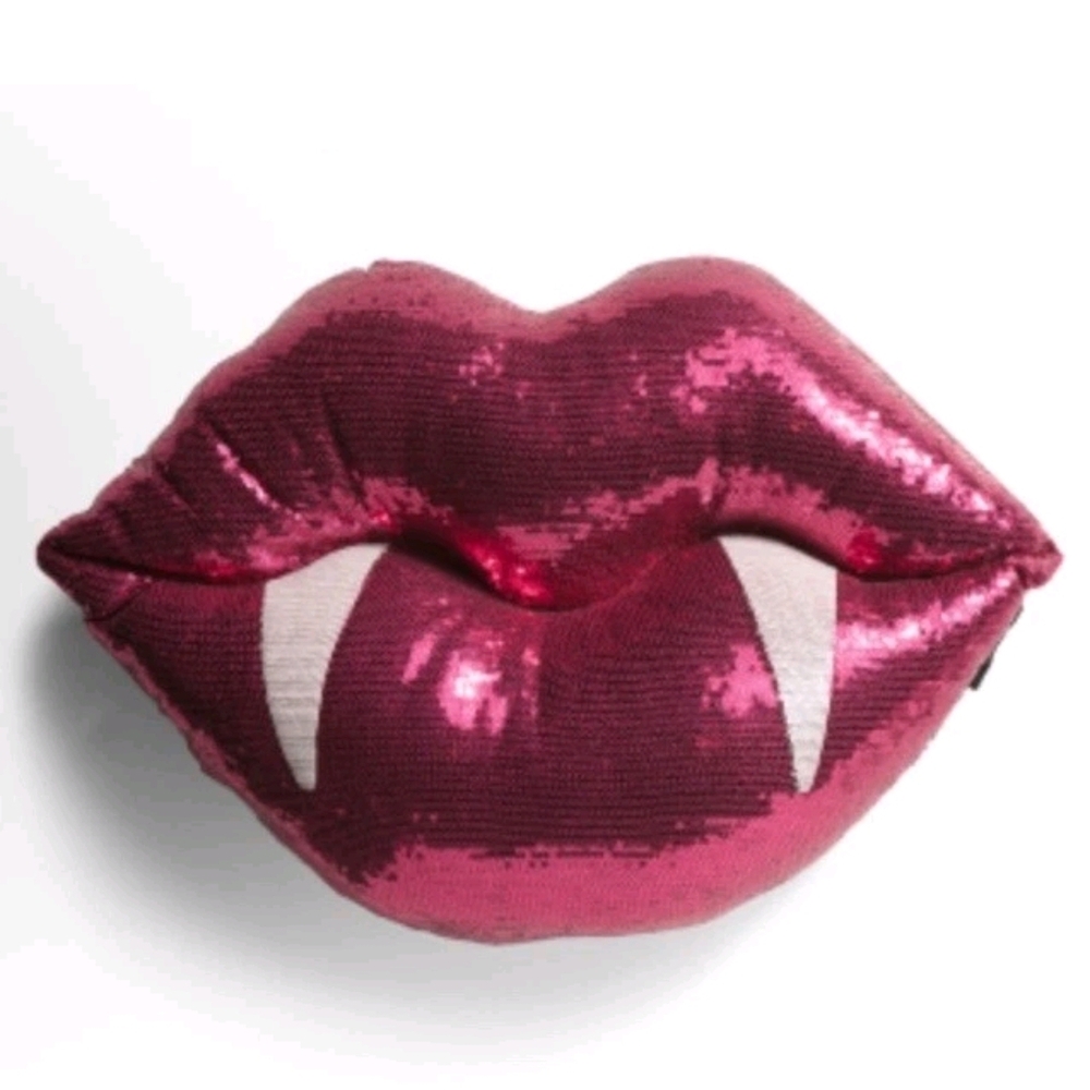 Rachel Zoe LOVE BITES Pillow 20 inch Vampire Lips Fangs Cushion NEW Pink Sequins